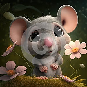 Close up of cute grey mouse with flowers on grey background, created using generative ai technology