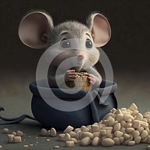 Close up of cute grey mouse holding bag on grey background, created using generative ai technology