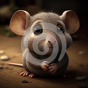 Close up of cute grey mouse on wooden background, created using generative ai technology