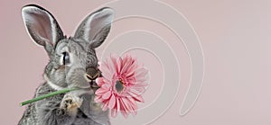 Close-up of a cute grey rabbit with a pink gerbera in its mouth, set against a pastel pink backdrop.