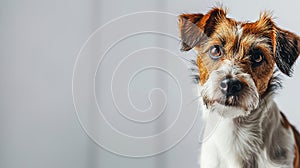 close-up of cute jack russel dog on light gray blurred and out-of-focus background photo