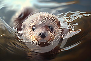 close-up of cute otter diving headfirst into the water, with its face and fur visible