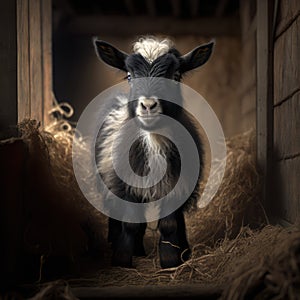 Close up of cute pygmy goat in barn, created using generative ai technology