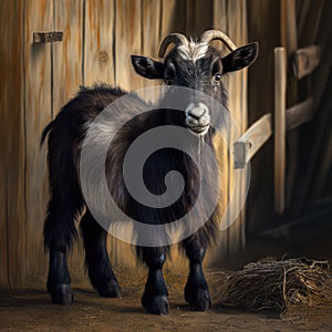 Close up of cute pygmy goat in barn, created using generative ai technology