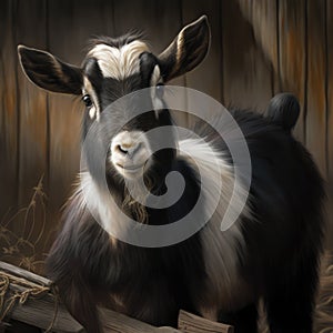 Close up of cute pygmy goat in barn, created using generative ai technology