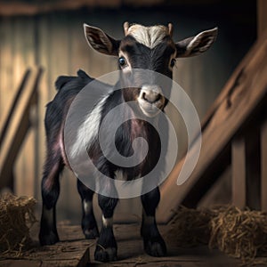 Close up of cute pygmy goat in barn, created using generative ai technology