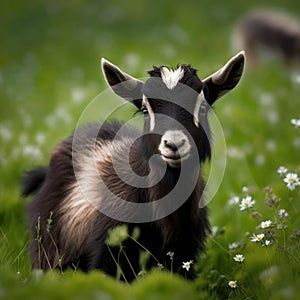 Close up of cute pygmy goat in field, created using generative ai technology