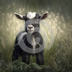 Close up of cute pygmy goat in field, created using generative ai technology