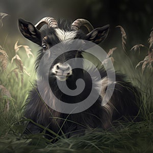 Close up of cute pygmy goat in field, created using generative ai technology