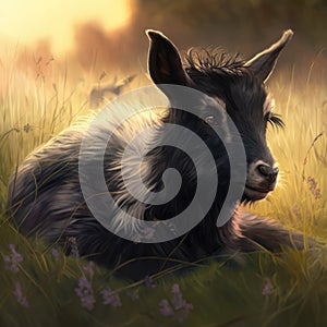 Close up of cute pygmy goat in field, created using generative ai technology