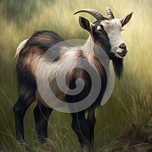 Close up of cute pygmy goat in field, created using generative ai technology