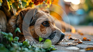 Close-up of a cute red dog lying on the ground in the autumn forest on a beautiful autumn morning. Charming pet