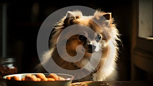 Close up of a cute white brown pomeranian dog sit on the chair dinner table asking for some food