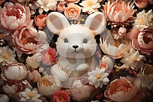 Close up of cute white teddy bear doll with beautiful flowers in the background, soft and cuddly toy