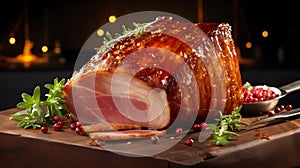 Close up of cutted Ham glazed with Honey. Kitchen Backdrop