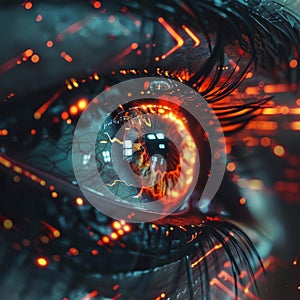 Close-up of a cybernetic eye with futuristic digital enhancements and red neon lights