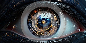A close-up of a cybernetic eye, the intricate details of metallic components and glowing circuitry visible, set against