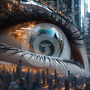 Close-up of a cyborgs eye, showing reflections of a futuristic cityscape and digital data streams1