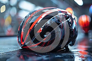 Close-up of a cycling helmet with a blurred background showing a race in motion. AI generated.