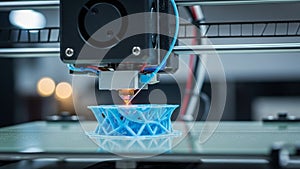 Close-up of a 3D printer creating a blue geometric object