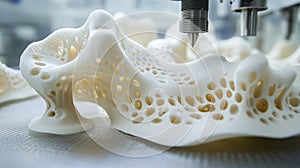 Close-up of a 3D printer creating a complex design from a digital model