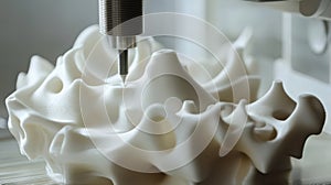 Close-up of a 3D printer creating a complex design from a digital model