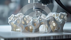 Close-up of a 3D printer creating a complex design from a digital model
