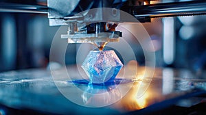 Close-up of a 3D printer creating a complex geometric blue object with precision and detail
