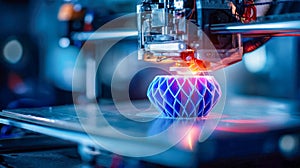 Close-up of a 3D printer creating a complex geometric blue object with precision and detail