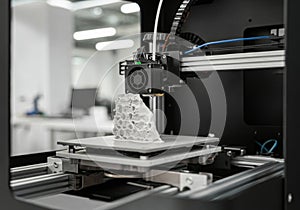 Close-up of 3D printer creating complex object in modern office environment