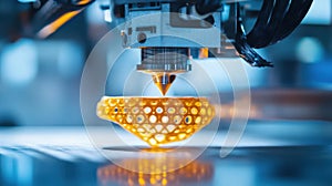 Close-Up of 3D Printer Creating Orange Honeycomb Structure