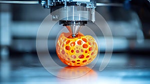 Close-up of 3D printer creating orange lattice sphere