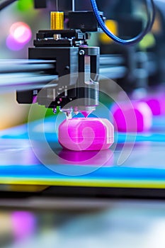 Close Up of 3D Printer Creating a Pink Object in Modern Workshop