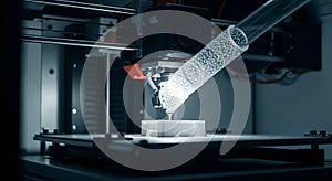 Close up of a 3D printer nozzle creating a prototype