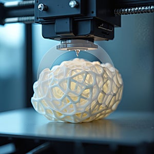 Close-up 3D printing process. Modern 3D printer creating complex lattice structure object. Additive manufacturing technology,