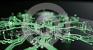 Glowing green microchip data flow visualization