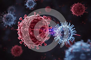 Microscopic view of red and blue viruses in dark space