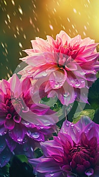 Close-up dahlia flowers with water droplets background.