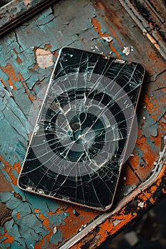 A close-up of a damaged tablet with a cracked screen, resting on a dilapidated wooden surface