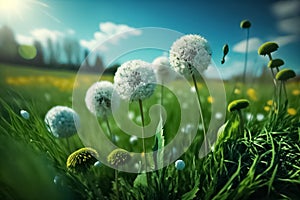 Close up of dandelion plant. Landscape with green grass, sunlight in nature field. Nature background. generative AI