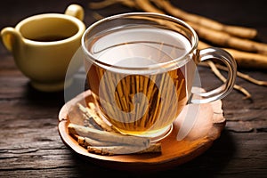 close-up of dandelion root tea in a ceramic cup