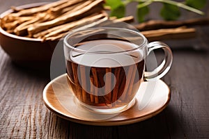 close-up of dandelion root tea in a ceramic cup