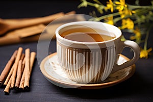 close-up of dandelion root tea in a ceramic cup