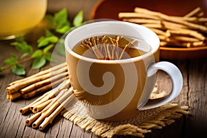 close-up of dandelion root tea in a ceramic cup