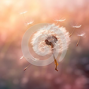 Close-up of a dandelion seed head, delicate seeds ready for flight, soft background