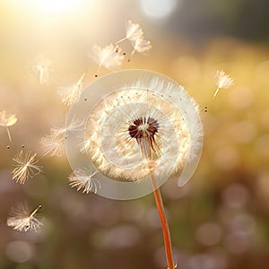 Close-up of a dandelion seed head, delicate seeds ready for flight, soft background