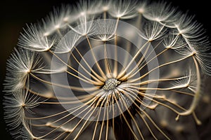 close-up of dandelion seed head, with seeds ready to disperse