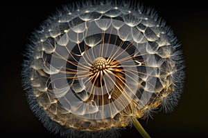 close-up of dandelion seed head, with seeds ready to disperse