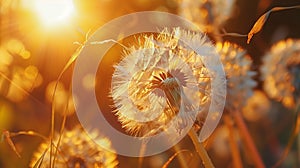 Close-up of a dandelion stamen in the air on a sunny day with extreme depth of field.