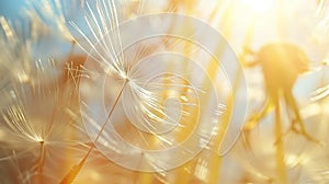 Close-up: dandelion stamen suspended in air on a sunny day with an extreme depth of field.